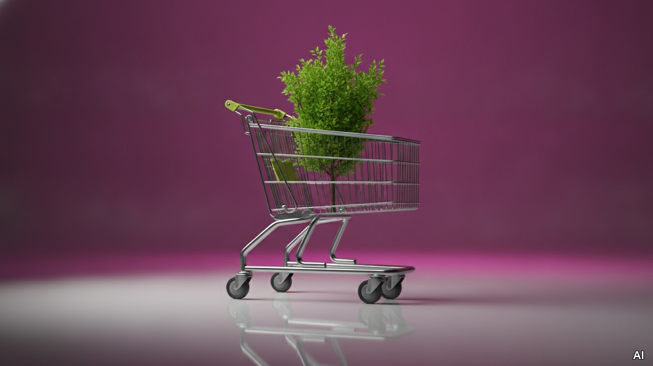 Ein moderner Einkaufswagen mit gruener Pflanze als Symbol fuer Wandel im Handel.