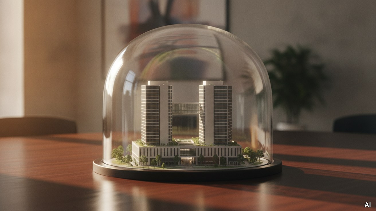 Miniatur-Unternehmensgebäude geschützt unter einer Glasglocke auf Holz.