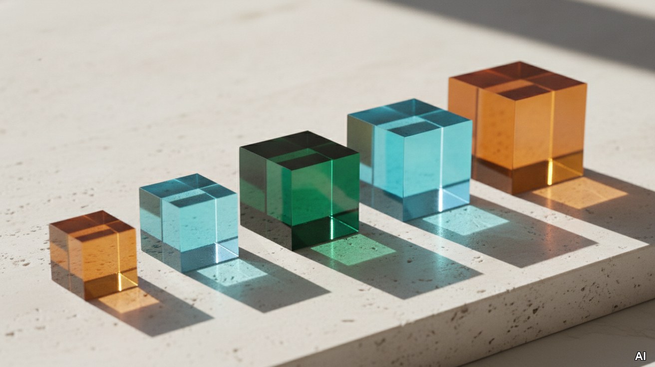 Farbige Acrylwürfel in aufsteigender Größe als Symbol für Multiples.