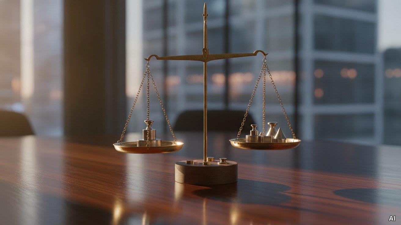Präzisionswaage aus Messing symbolisiert ausgewogene Kaufpreisfixierung