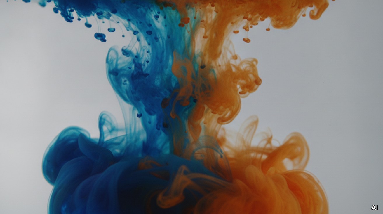 Zwei leuchtende Farben vermischen sich im Wasser, Symbol fuer eine Fusion.