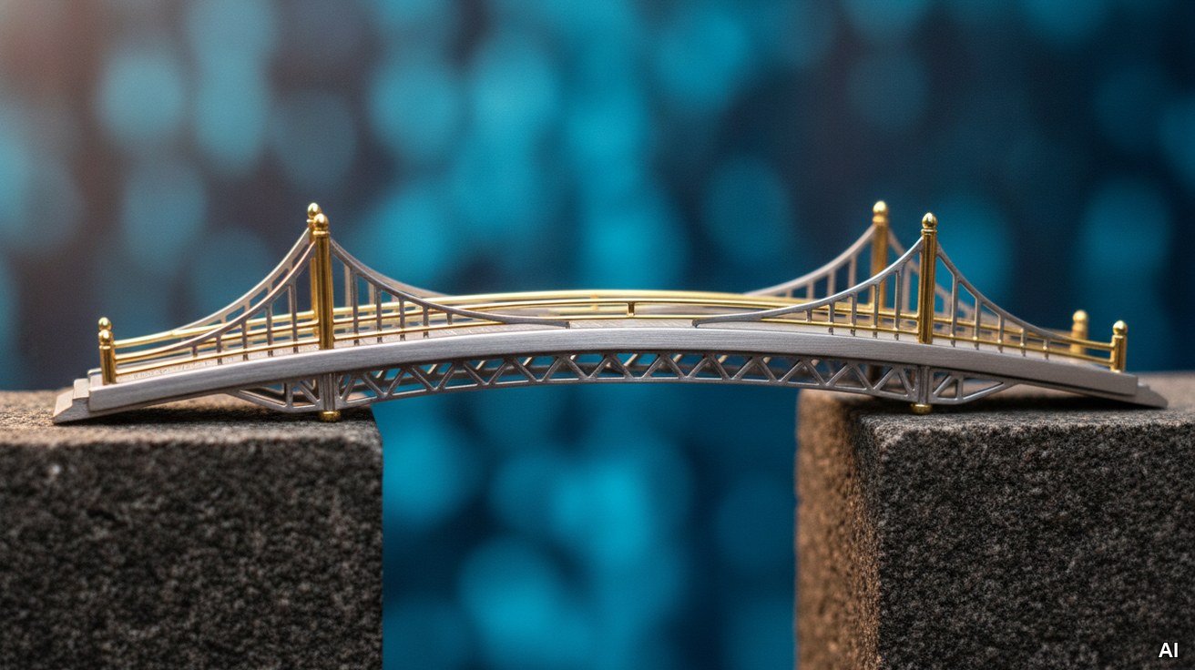 Eine beleuchtete Miniatur-Stahlbrücke verbindet zwei dunkle Steinblöcke.