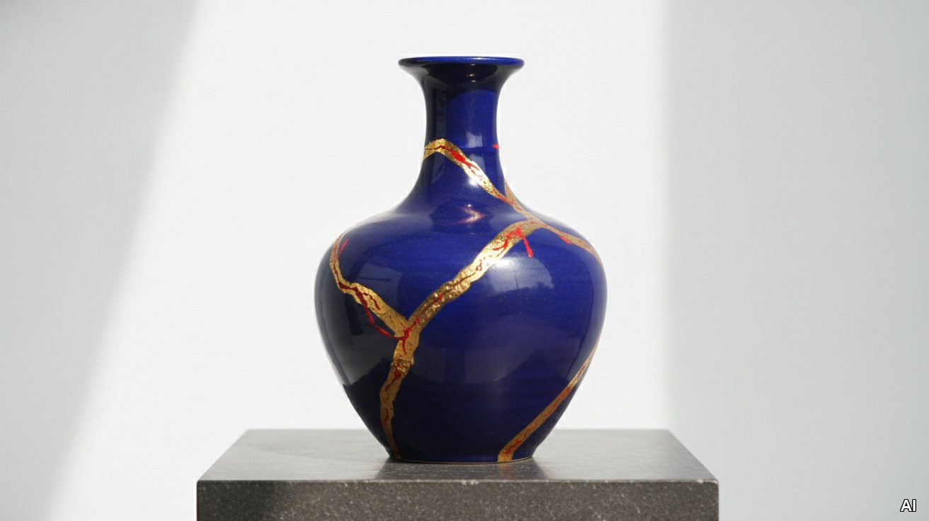 Eine mit goldener und roter Naht reparierte Kintsugi-Vase als Symbol fuer Sanierung.