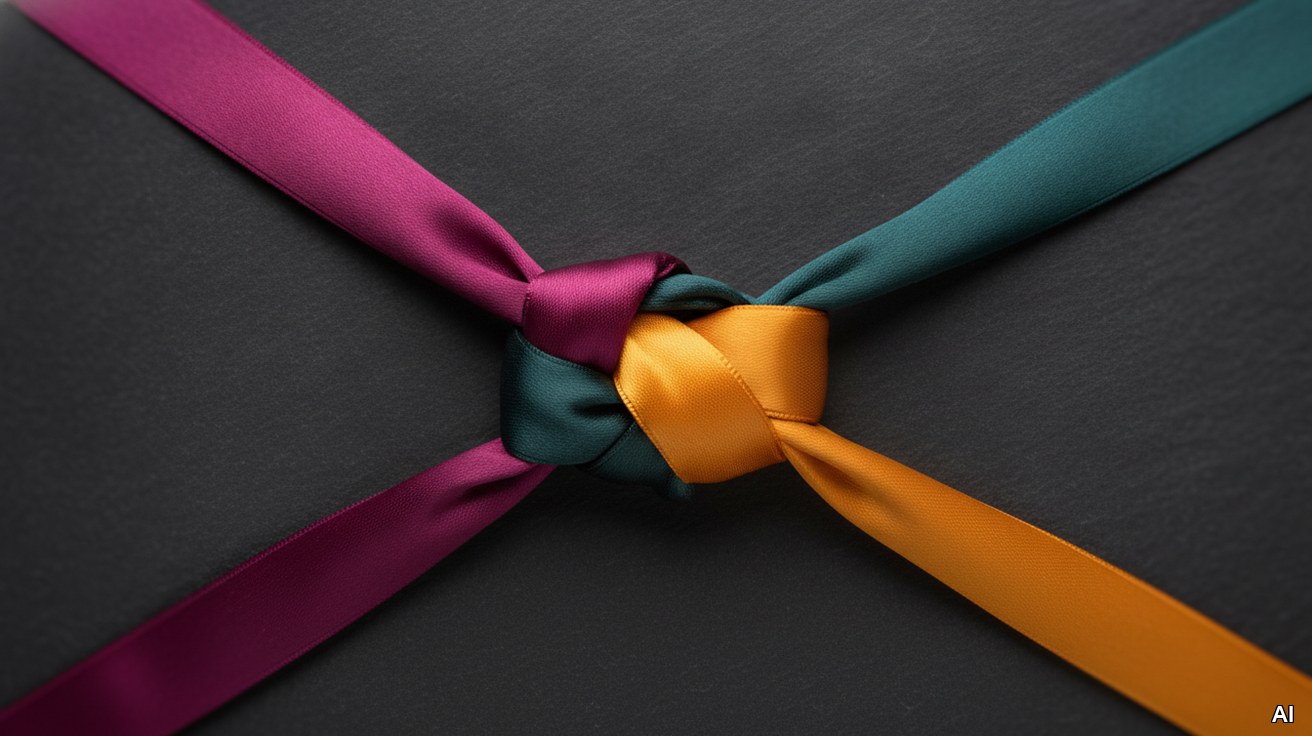 Bunte verflochtene Bänder als Symbol für Nachfolge in Patchwork-Familien.