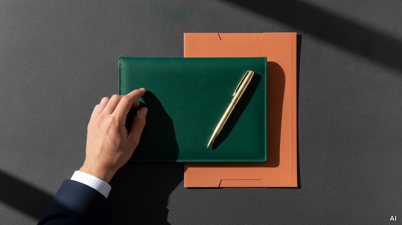 Grüner Ordner und Hand auf dunklem Stein als Symbol für Nachfolgeplanung.