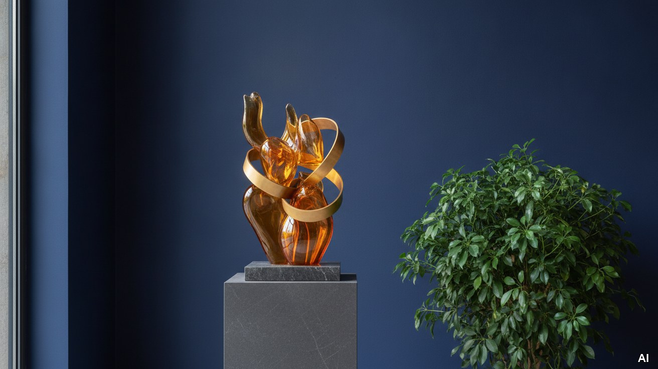 Eine leuchtende Bronze-Skulptur als Symbol fuer das Lebenswerk in einem Raum.