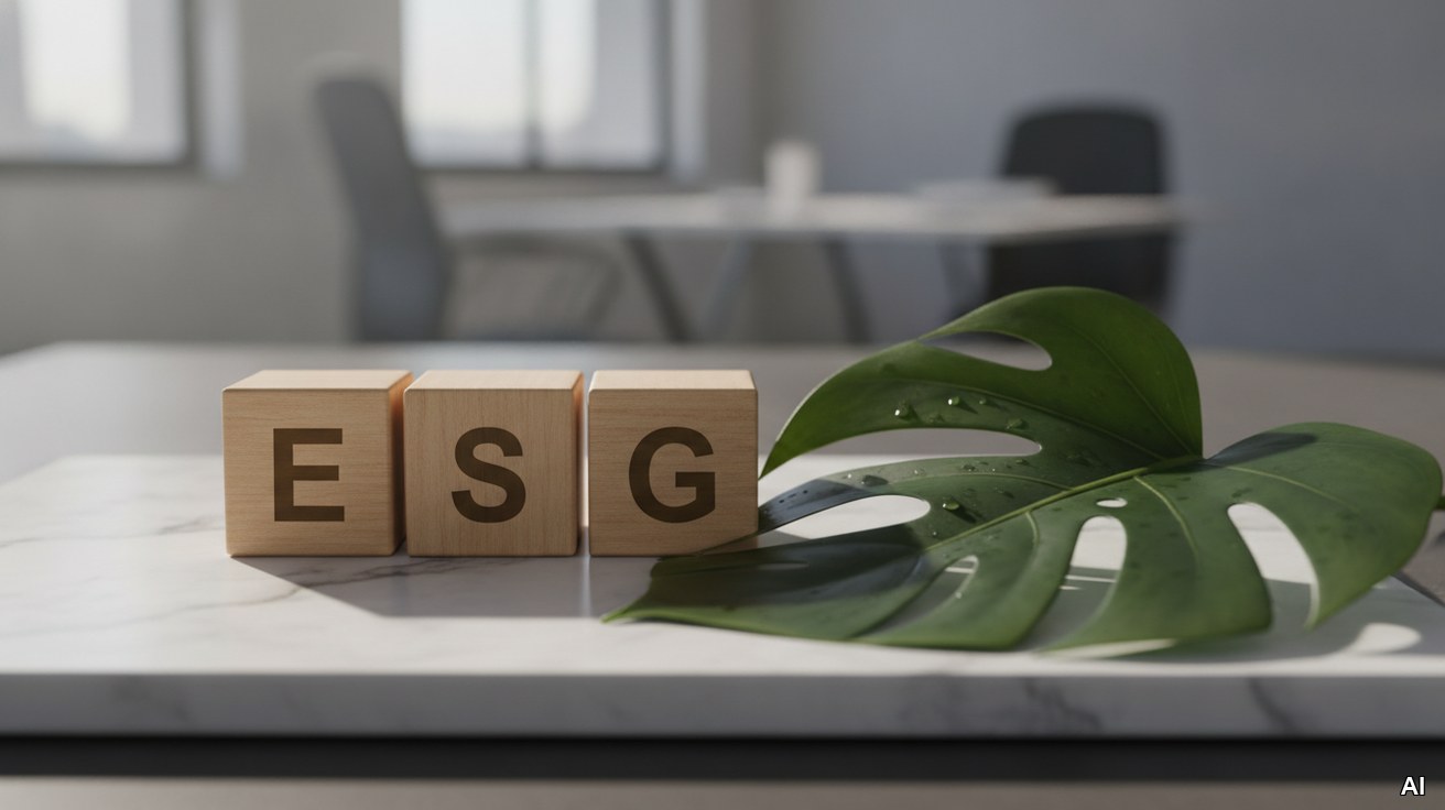 Drei Holzbausteine mit den Buchstaben ESG neben einem grünen Blatt.
