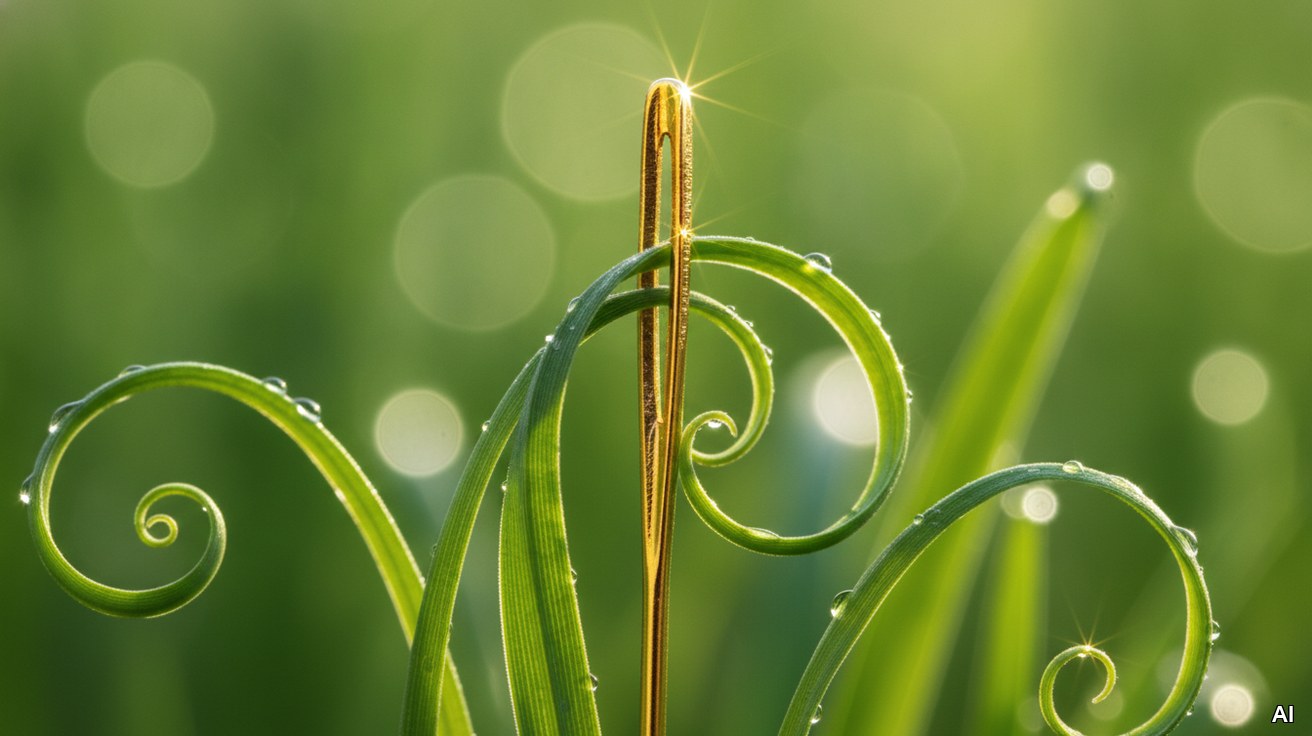 Eine glaenzende goldene Nadel steht aufrecht in frischem gruenem Gras.