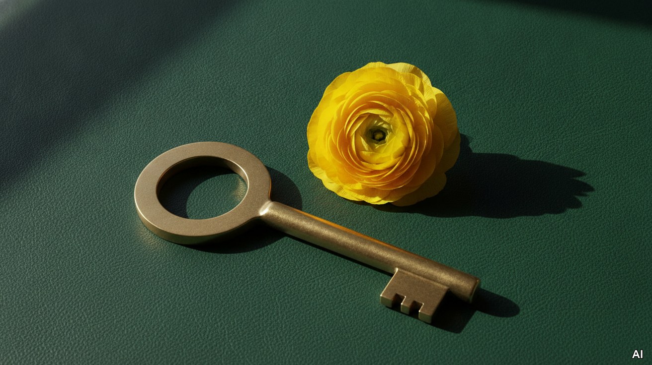 Goldener Messingschlüssel auf grünem Leder als Symbol für Generalvollmacht.