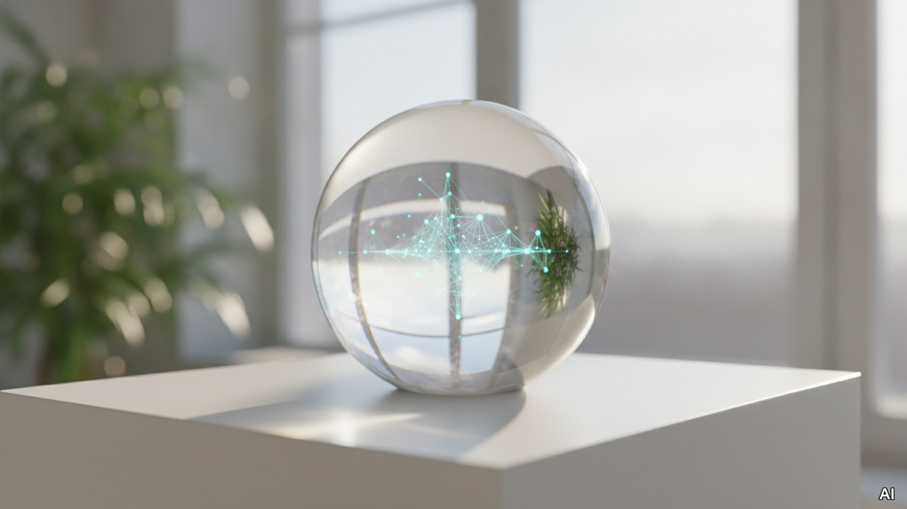 Eine leuchtende Glaskugel mit digitalem Netzwerk auf hellem Sockel.