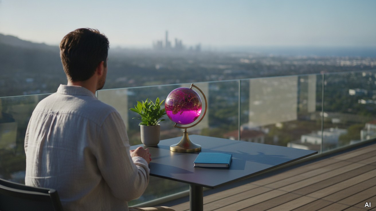 Anonyme Person arbeitet ortsunabhängig auf Terrasse mit Globus auf dem Tisch.