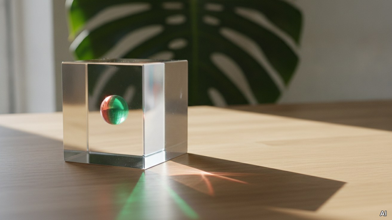 Polierter Glaskubus bricht Licht als Symbol fuer Unternehmens-Transparenz.