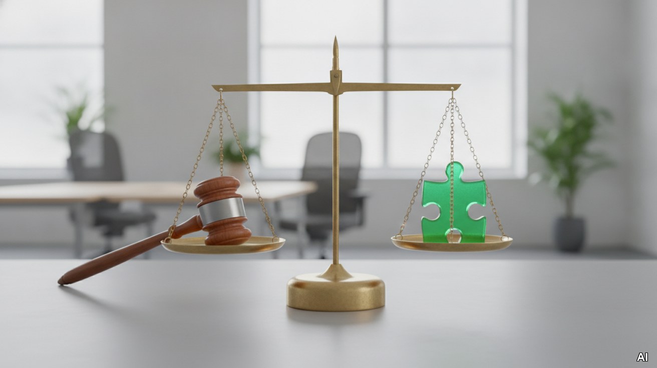 Auktionshammer und grünes Puzzleteil auf einer Waage als Symbol.