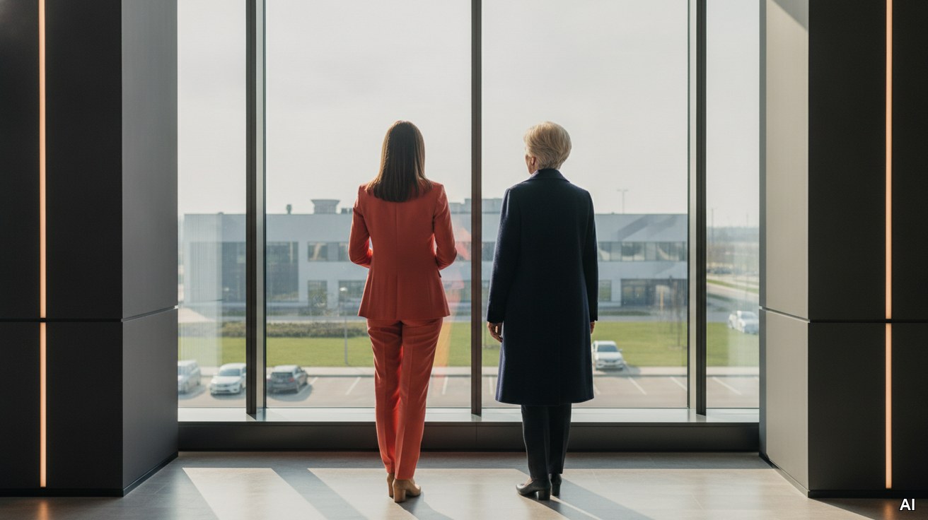Zwei Frauen verschiedener Generationen blicken aus einem Panoramafenster.