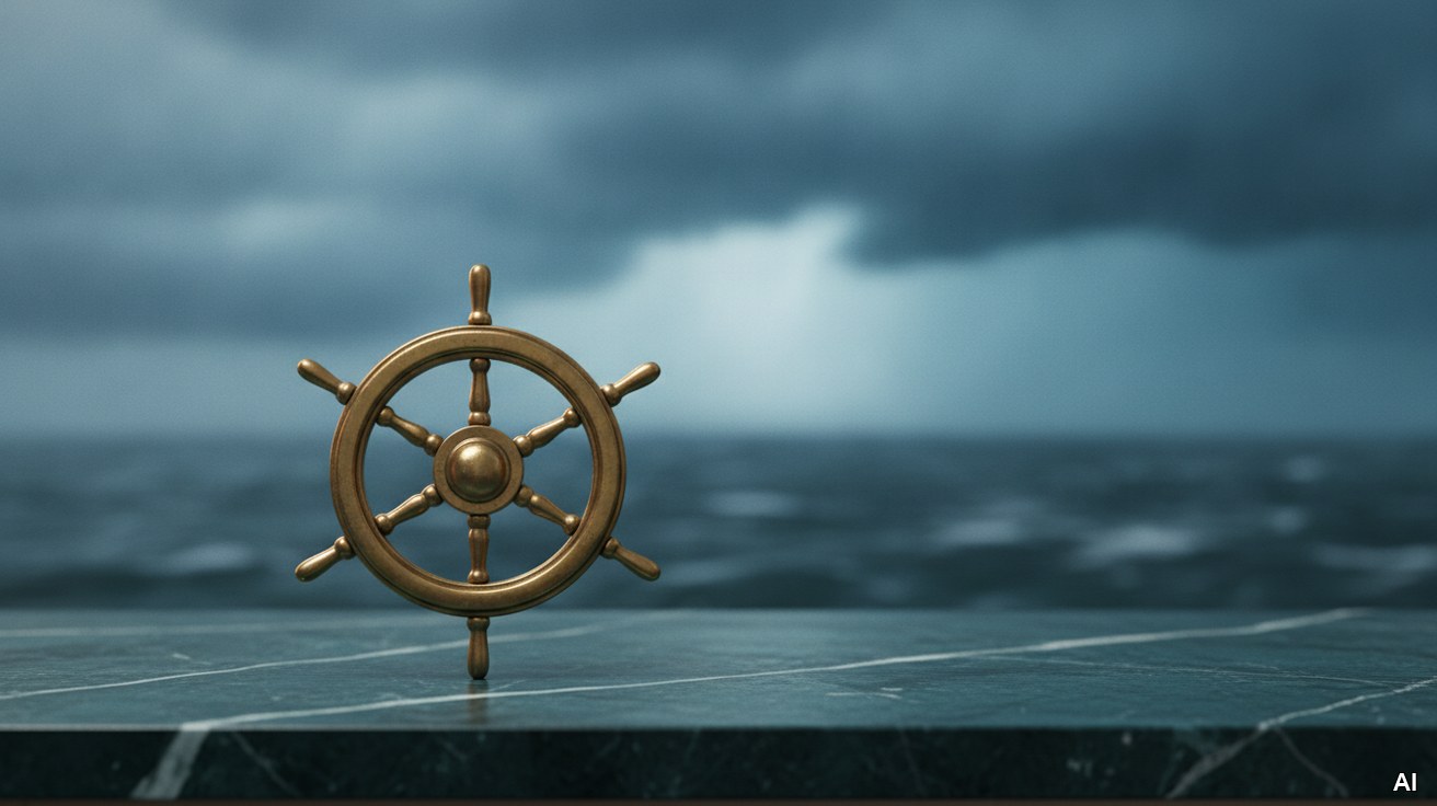Ein Schiffssteuerrad symbolisiert die Navigation der Unternehmensbewertung durch die Krise.
