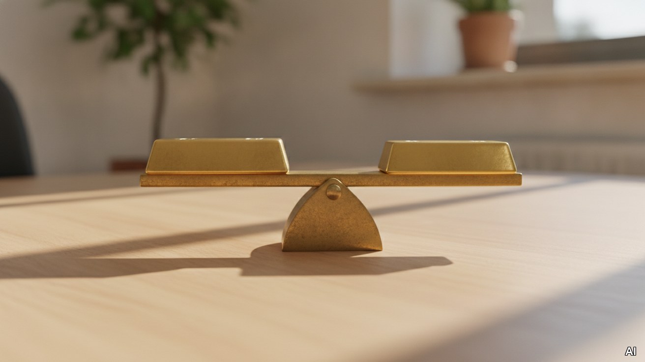 Zwei Goldbarren balancieren auf einer Wippe, Symbol fuer die Wertermittlung bei Transaktionen.