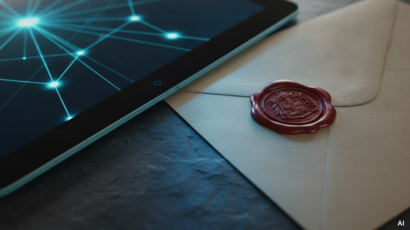 Ein leuchtendes Tablet neben einem versiegelten Umschlag auf dunklem Tisch.