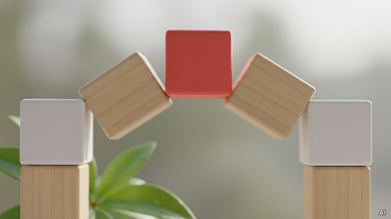 Gestapelte geometrische Bausteine mit einem kräftig roten Stabilisierungsblock.