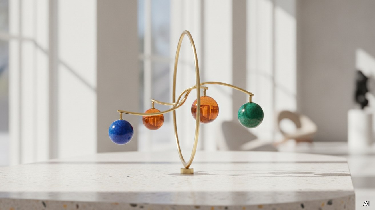Moderne Messingskulptur mit farbigen Kugeln symbolisiert Unternehmensbewertung.