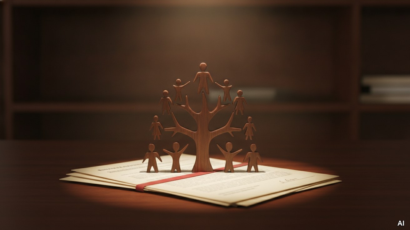 Eine Stammbaum-Silhouette auf Rechtsdokumenten symbolisiert juristische Nachfolgeplanung.