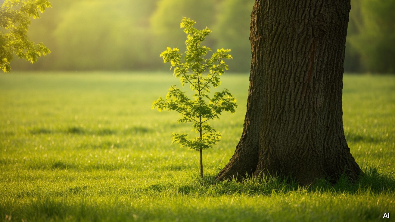 Ein junger Setzling wächst neben einem alten Baum als Symbol für Nachfolge.