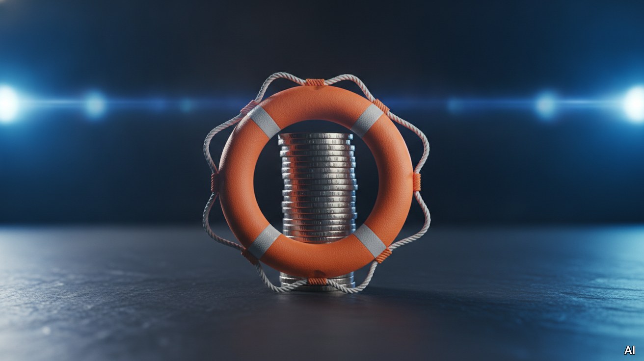 Ein Rettungsring um einen Münzstapel als Symbol für Notfall-Förderkredite.