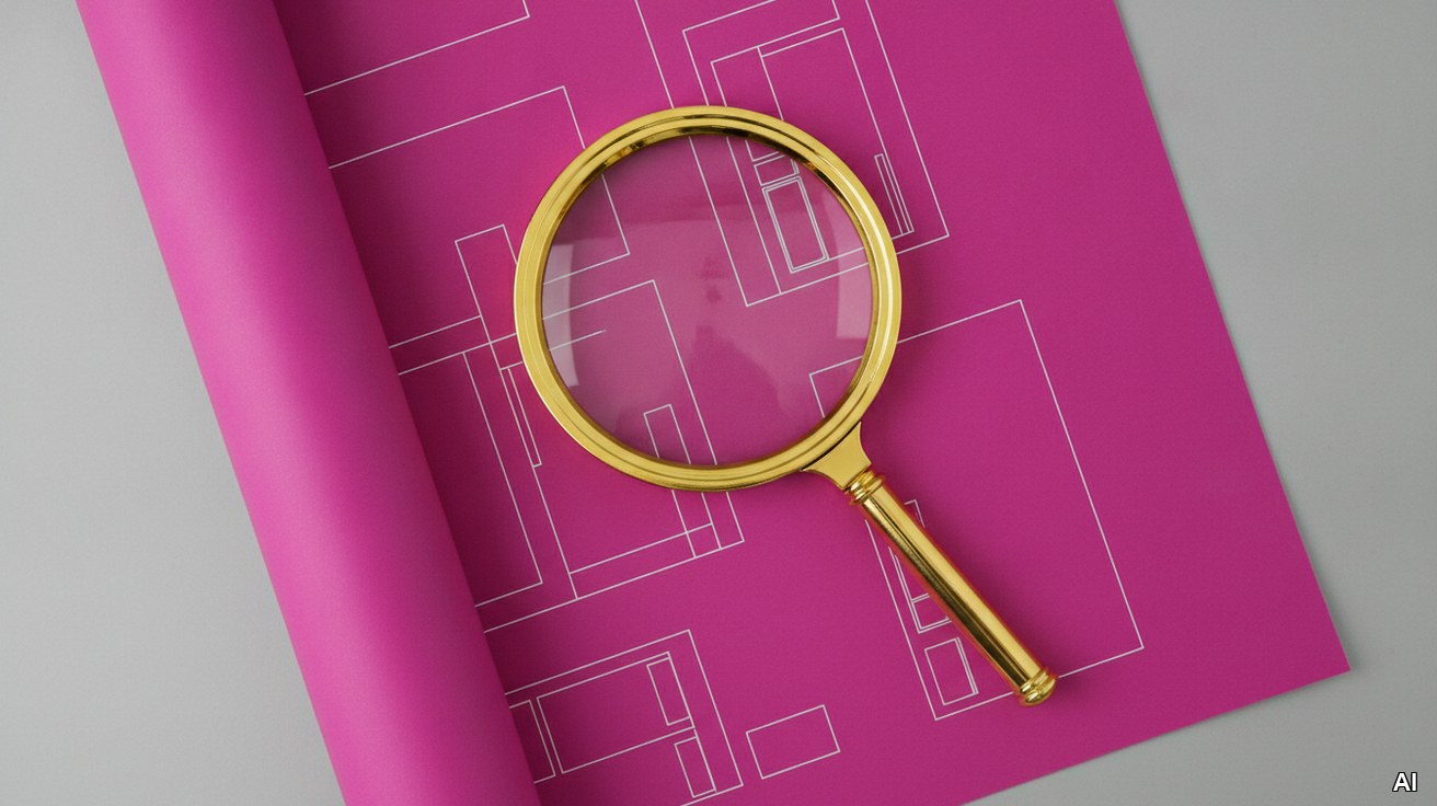 Eine Messinglupe liegt auf einem magenta Bauplan zur Unternehmensprüfung.