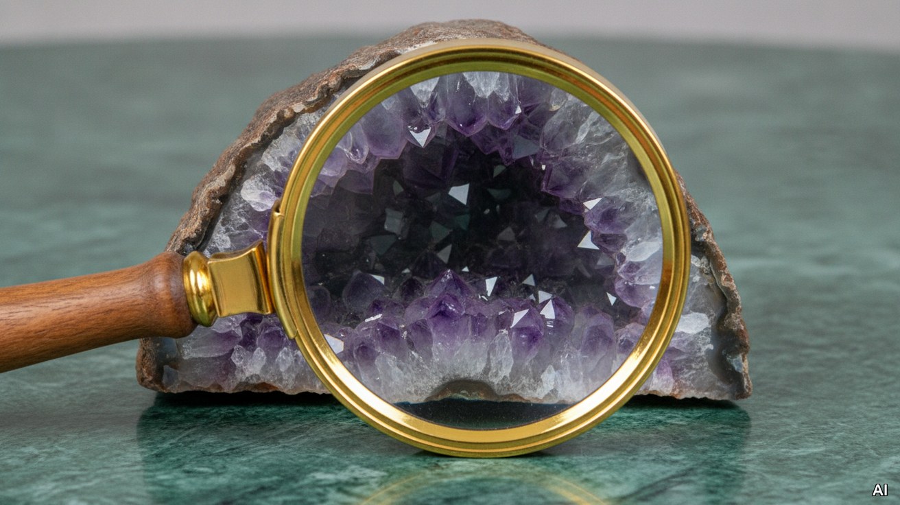 Eine Lupe richtet den Blick auf eine geöffnete Geode mit glitzernden Kristallen.