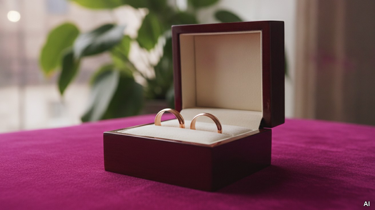 Zwei glänzende Ringe in einer Magenta-Samtbox als Symbol für M&A.