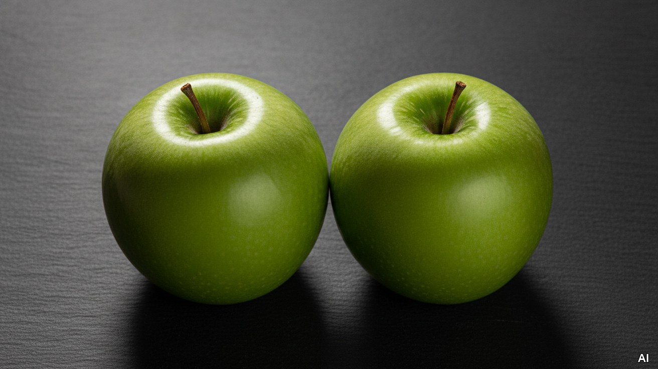 Zwei gleiche grüne Äpfel nebeneinander im direkten Vergleich.