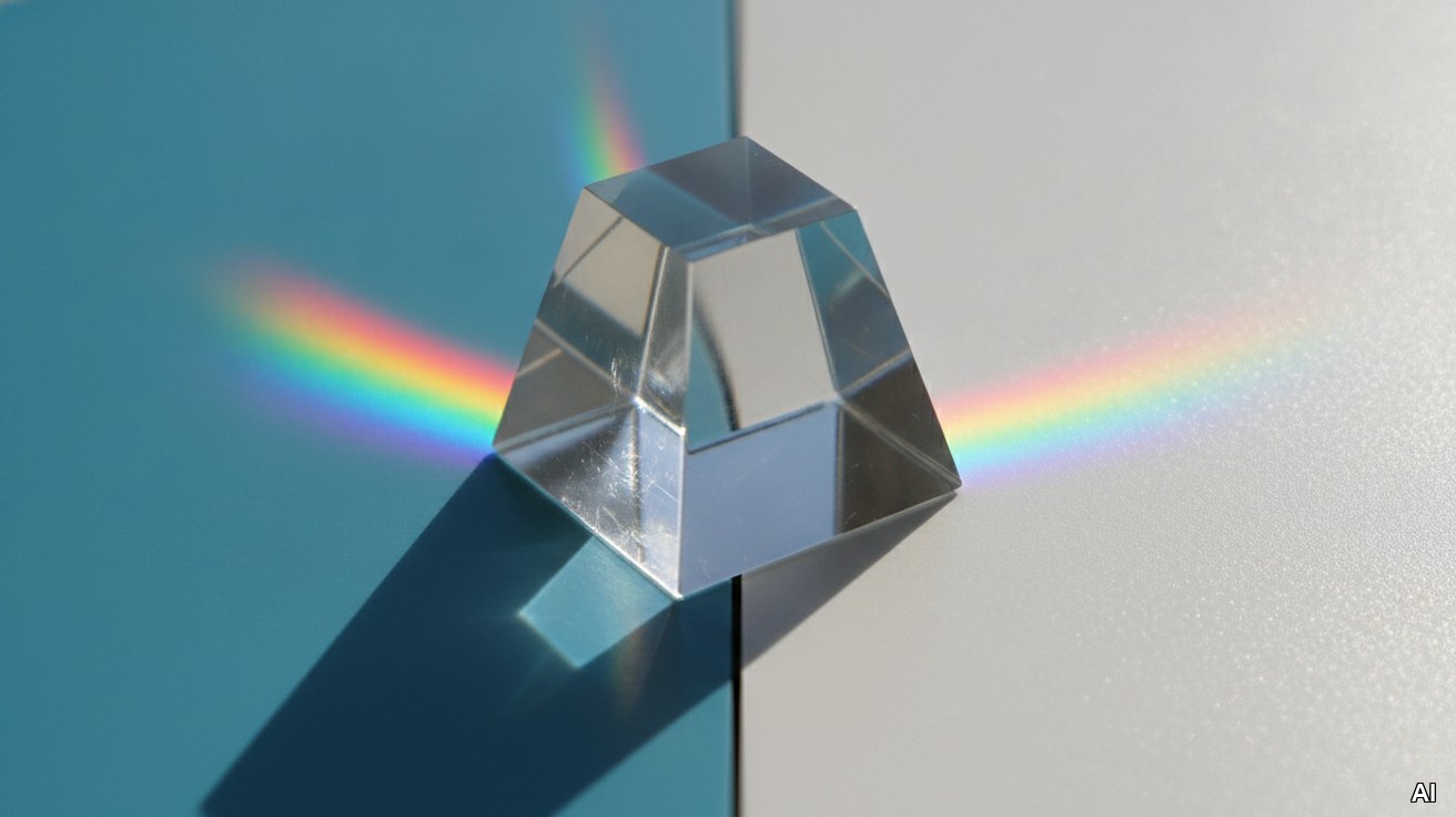 Ein Glasprisma bricht Licht in ein buntes Spektrum als Symbol für Transparenz.