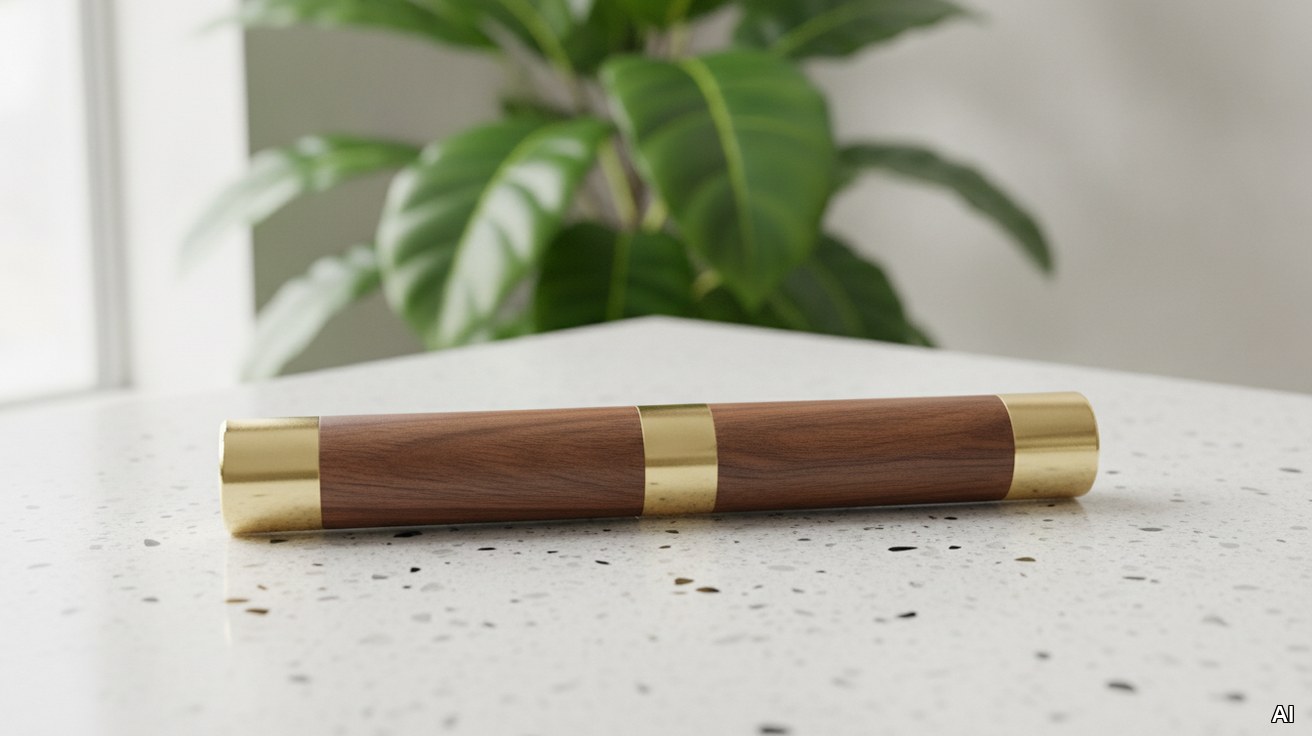 Ein edler Staffelstab aus Holz und Messing als Symbol für Unternehmensnachfolge.