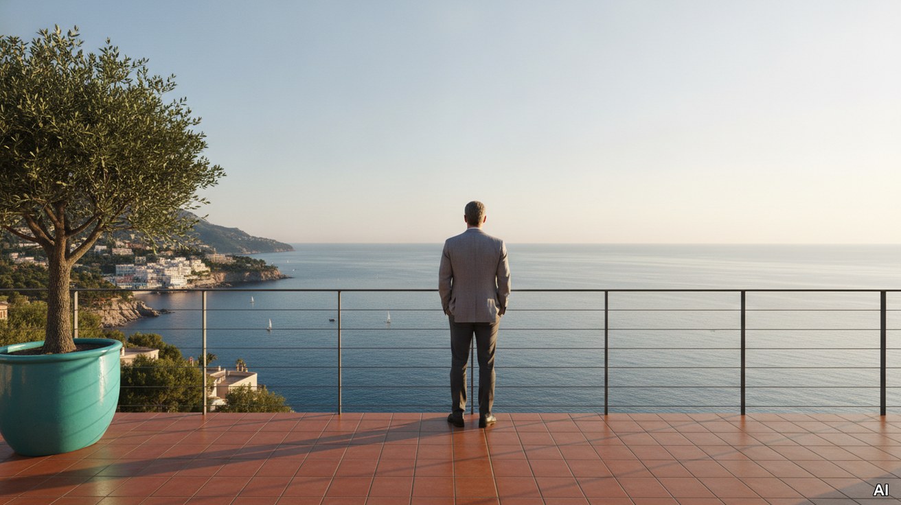 Person blickt von Balkon auf das Meer – Symbol fuer Ausstieg und Neubeginn.