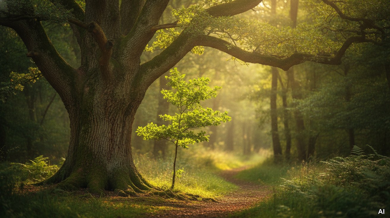 Ein junger Setzling wächst neben einem mächtigen alten Baum im Wald.