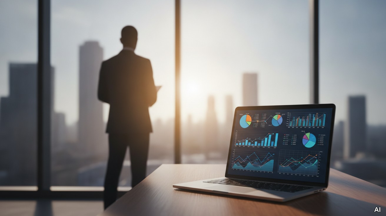 Laptop mit Finanzdiagrammen in einem modernen Buero