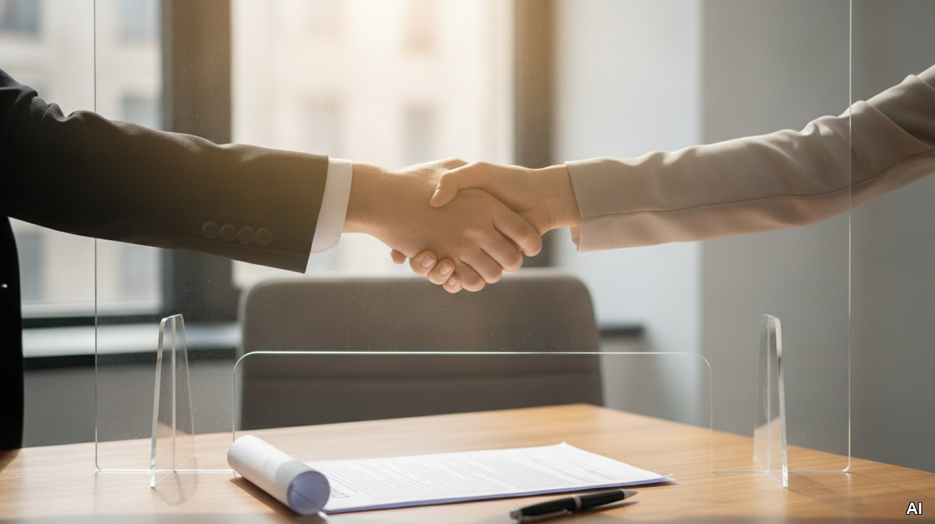 Ein Handschlag durch eine Plexiglasscheibe symbolisiert M&A-Deals waehrend Corona.
