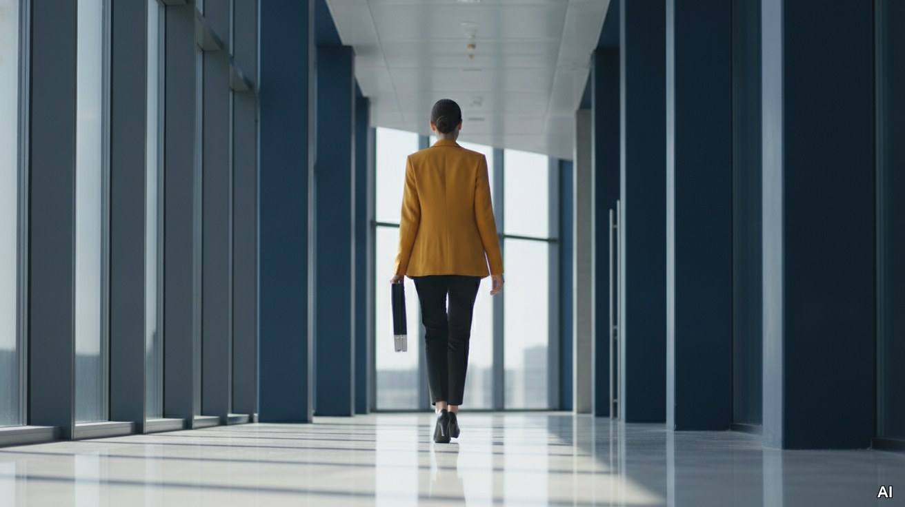 Eine Frau im gelben Blazer geht durch ein lichtdurchflutetes modernes Foyer.