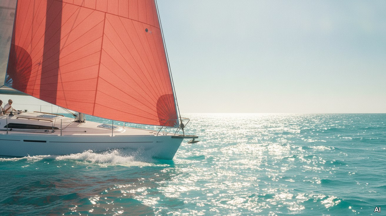 Ein Segelboot mit rotem Segel auf türkisblauem Meer symbolisiert Freiheit.
