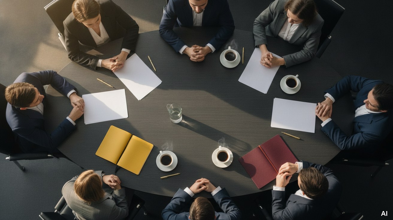 Vogelperspektive auf einen Konferenztisch bei einer Investment-Sitzung.