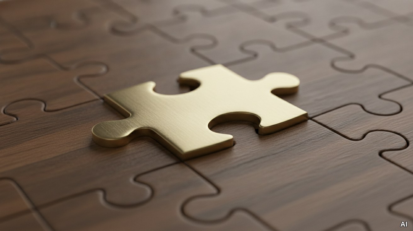 Ein passgenaues Messing-Puzzleteil liegt neben einer dunklen Holzoberfläche.