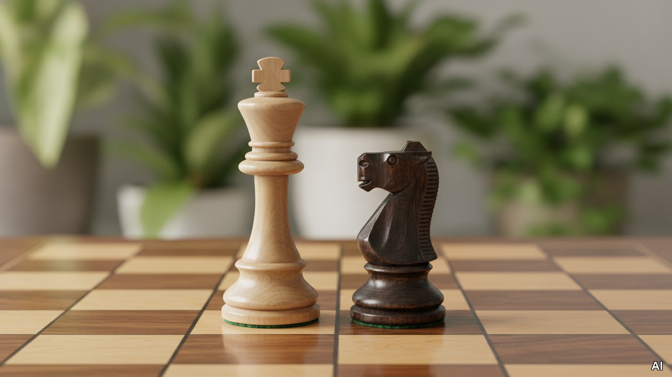 Zwei Schachfiguren auf einem Holzschachbrett als Symbol fuer M&A-Strategien