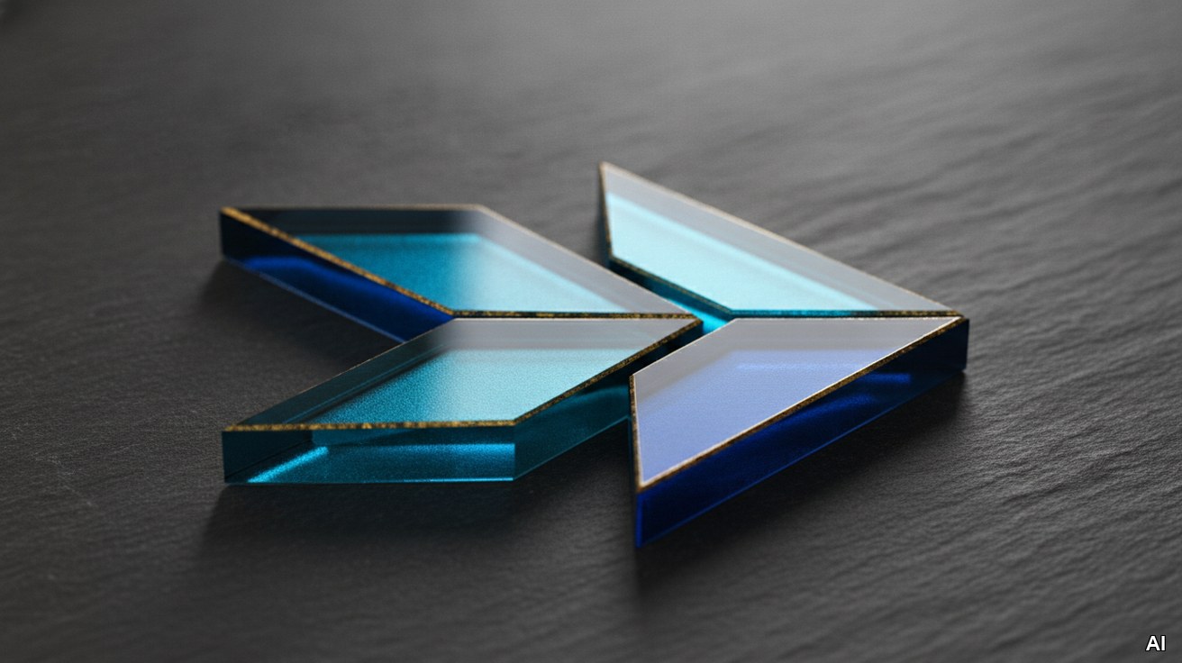 Ein buntes Glas-Tangram-Puzzle in Pfeilform als Symbol fuer Flexibilitaet.