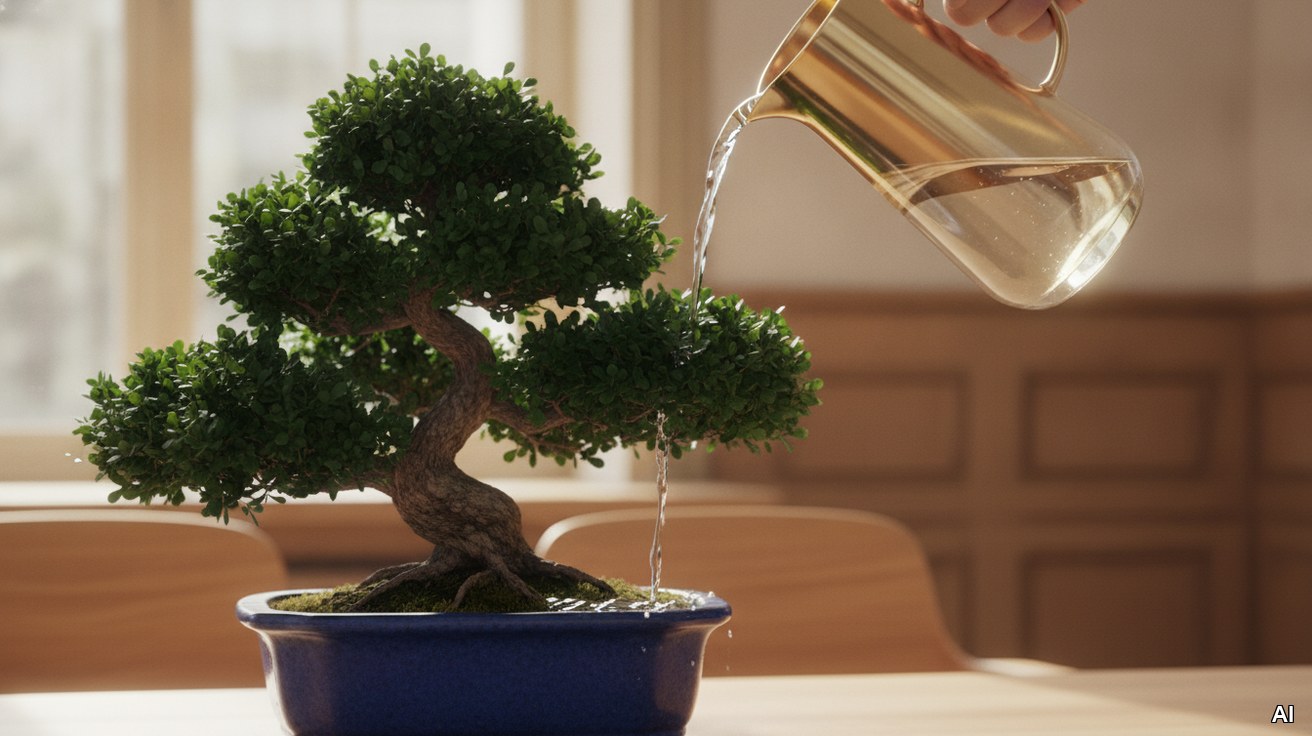 Eine goldene Kanne gießt frisches Wasser auf einen Bonsai-Baum.