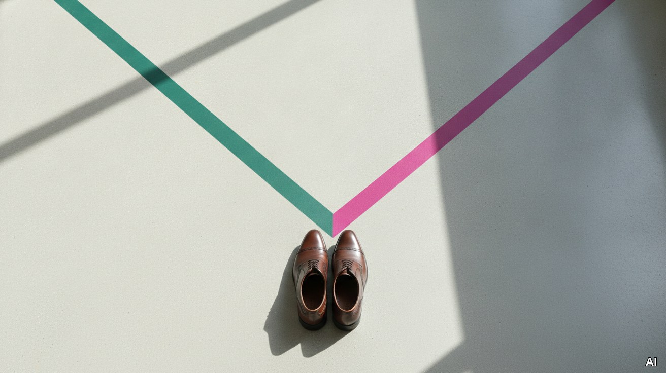 Schuhe stehen vor zwei farbigen Wegen auf hellem Beton als Symbol für Weichenstellung.