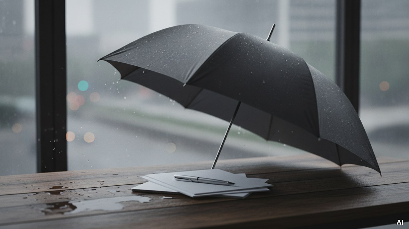 Ein Regenschirm schuetzt Dokumente vor Regen, Symbol fuer Risikoschutz.