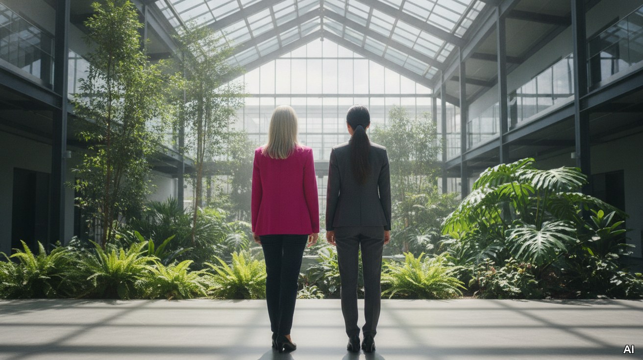 Zwei Frauen blicken gemeinsam von hinten in ein lichtdurchflutetes Atrium.
