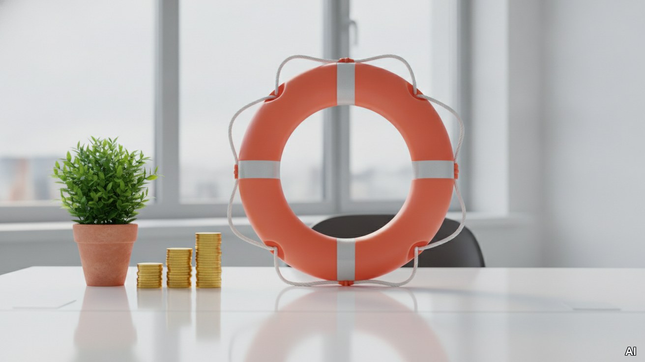 Ein orangener Rettungsring und Goldmünzen als Symbol für Restrukturierung.
