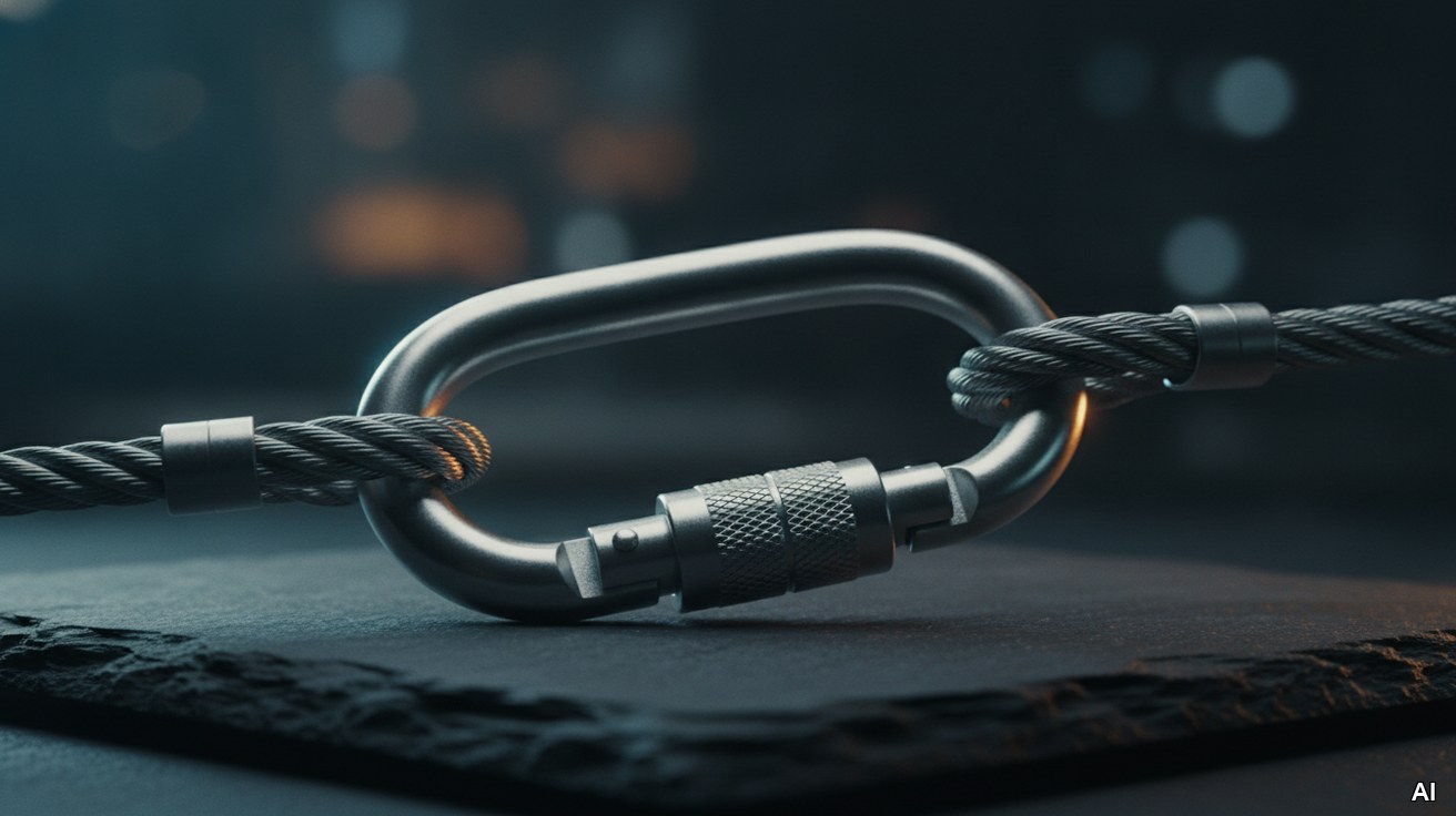 Ein massiver Stahlkarabiner symbolisiert finanzielle Sicherheit und Bürgschaften.
