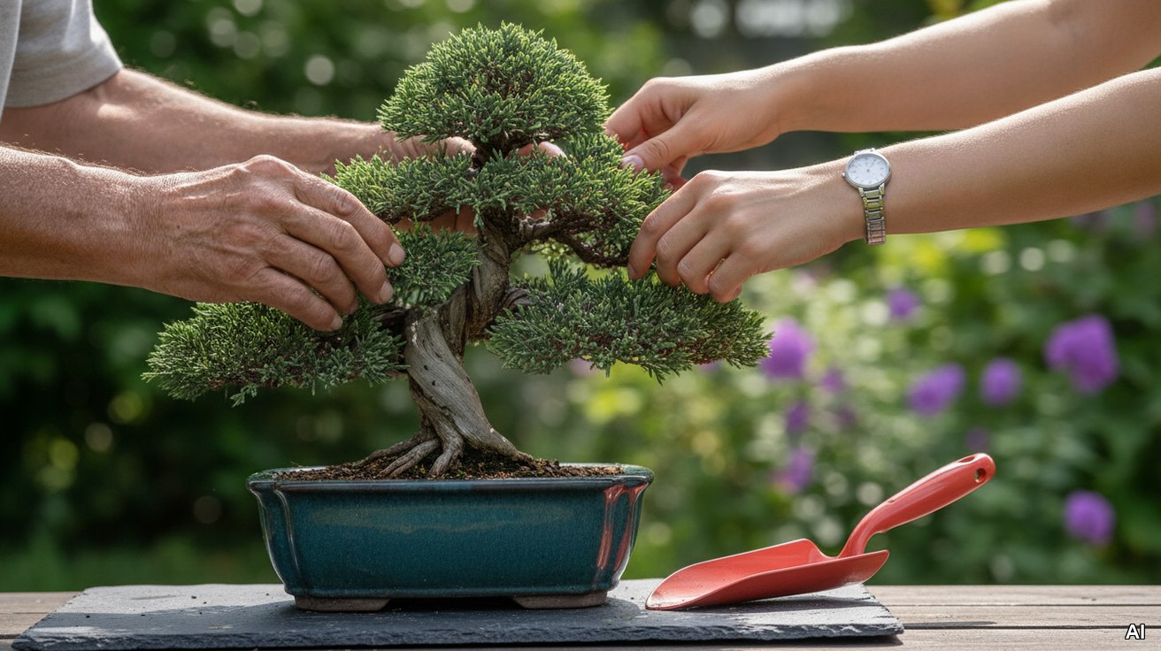 Zwei Hände pflegen gemeinsam einen gesunden Bonsai als Symbol für Nachfolge.
