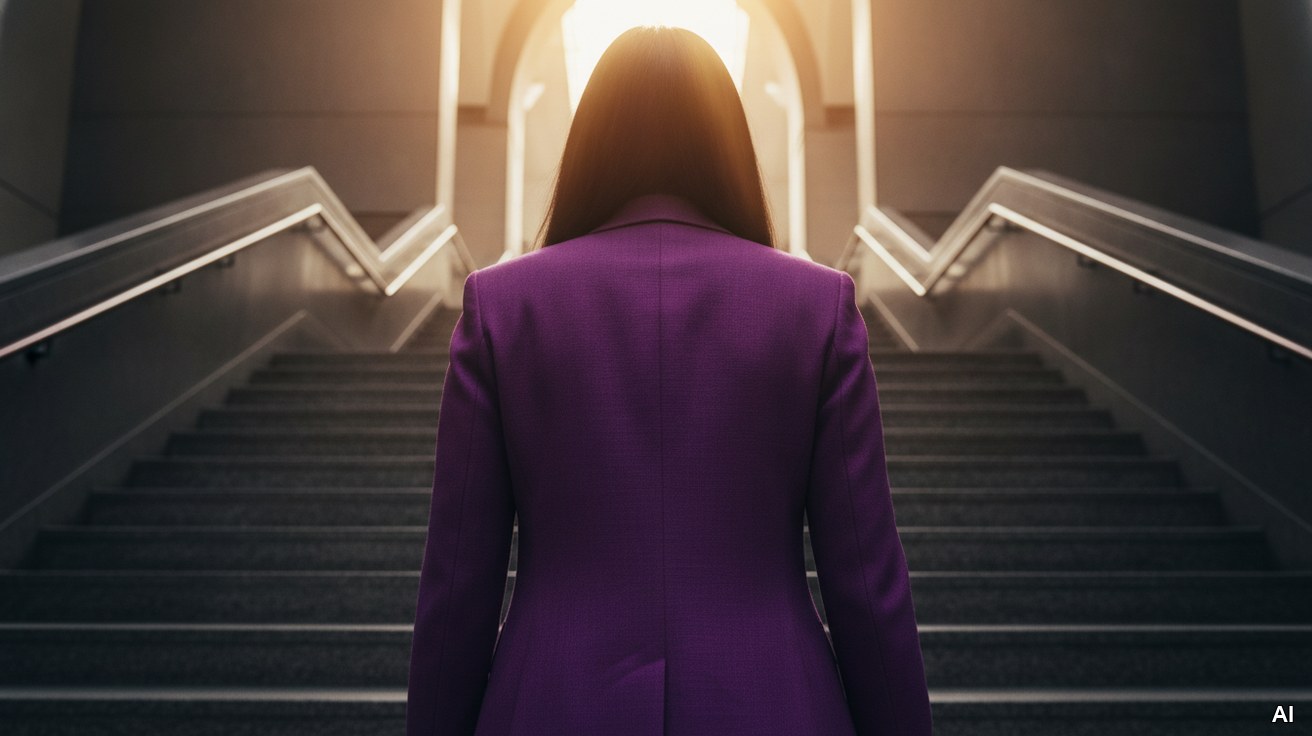 Eine Frau im violetten Blazer steigt eine elegante Marmortreppe ins Licht empor.